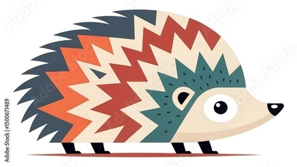 Fototapeta This is a charming, stylized illustration of a hedgehog in profile, facing to the right. The hedgehog's body and quills are adorned