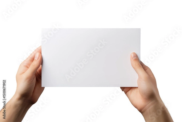 Fototapeta A pair of hands holding a blank white rectangular card against a black background in a studio shot