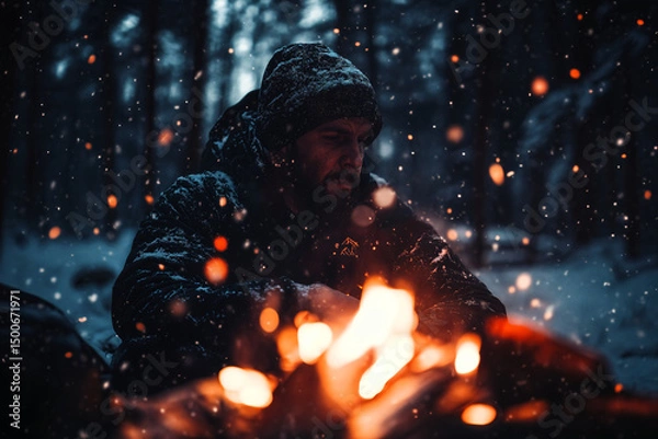 Fototapeta a bearded man in the woods during a winter storm, by a blazing fire.