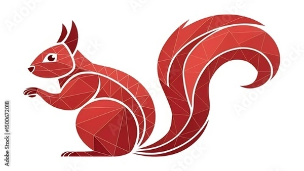 Fototapeta This image showcases a stylized, geometric illustration of a squirrel in profile, facing left. The squirrel is rendered in vibrant shades of red, constructed from numerous polygonal, faceted shapes, r