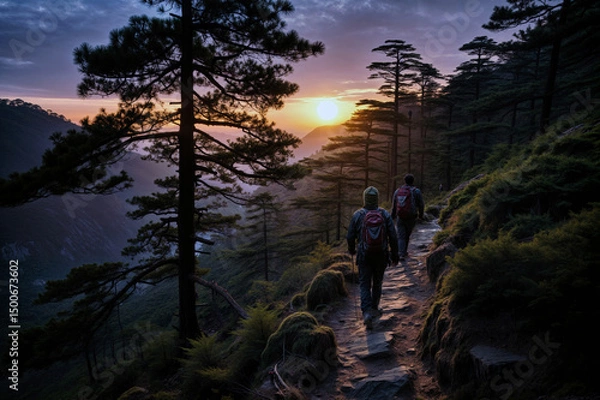 Fototapeta Hikers walk along mountain trail at sunset. Two people are trekking through a forest with tall trees at dusk. Adventure and exercise in nature.