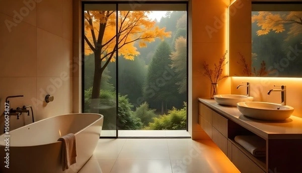 Obraz Serene spa-inspired bathroom with natural stone, bamboo elements, and soft, warm lighting.