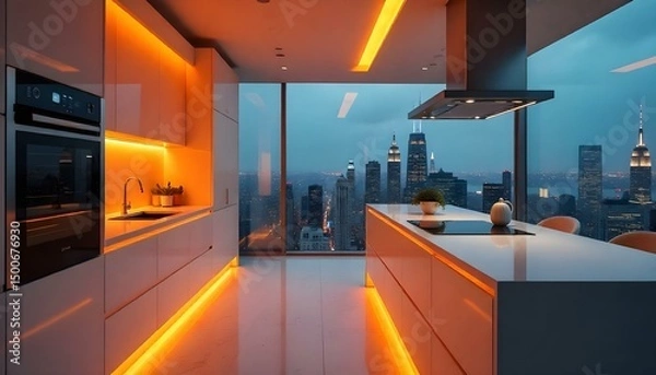 Obraz Sleek futuristic kitchen with touch-screen appliances, glossy surfaces, and integrated lighting.