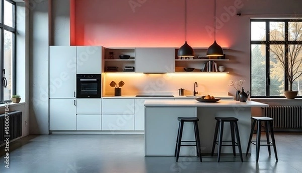 Obraz Sleek Scandinavian kitchen with white cabinetry, black fixtures, and open shelving