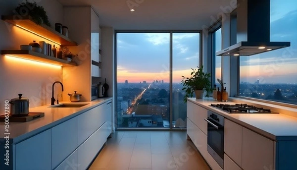 Obraz Sleek Scandinavian kitchen with white cabinetry, black fixtures, and open shelving