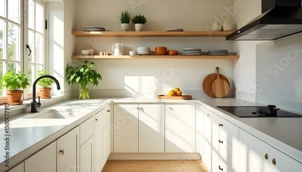 Obraz Sleek Scandinavian kitchen with white cabinetry, black fixtures, and open shelving