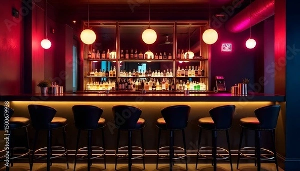 Obraz Sophisticated black and gold home bar with leather stools, mirrored back wall, and ambient lighting .