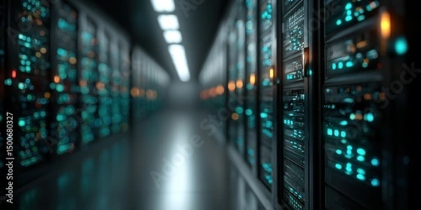 Fototapeta data center server racks in long row with bright blue led lights and blur effect along the hall
