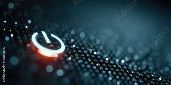 Fototapeta illuminated power button glows on textured black surface with soft focus