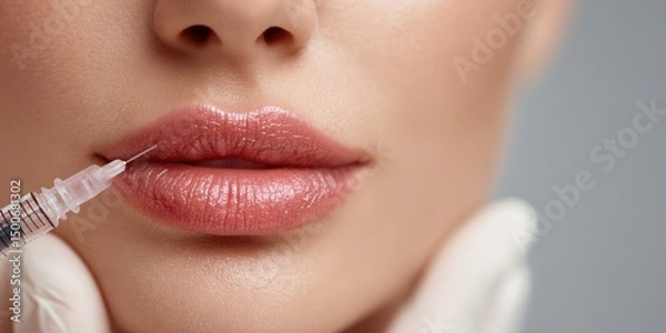 Fototapeta Caucasian woman getting lip filler injection for augmentation and beauty enhancement procedure