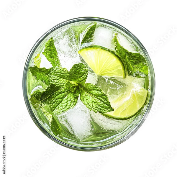 Obraz Overhead view of a mojito cocktail with ice cubes lime wedges and fresh mint leaves in a clear glass cup