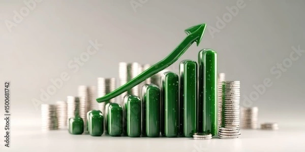 Fototapeta green arrow over bars indicating growth and stacks of coins suggesting financial increase