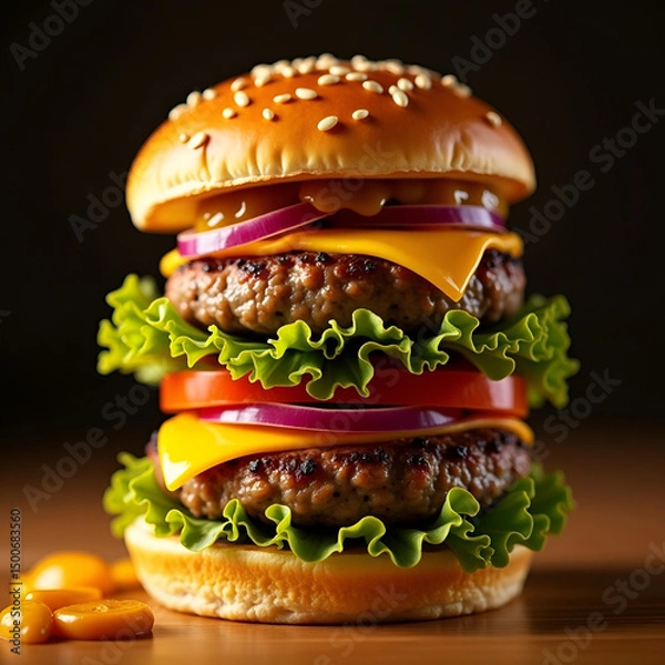 Obraz Ultimate Double Cheeseburger with Fresh Veggies on Rustic Paper Background
