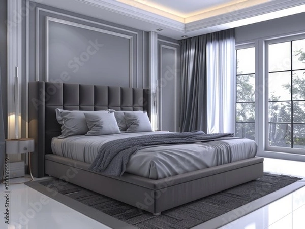 Fototapeta Luxurious modern bedroom featuring a plush grey bed, elegant curtains, and sophisticated room accents