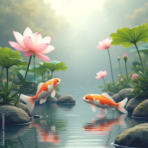 Fototapeta Koi fish swimming in a pond as a flowers garden