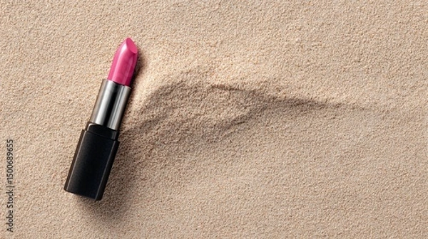 Fototapeta Pink lipstick on beige sand background, showcasing a summer cosmetic product presentation with free space for text or logo