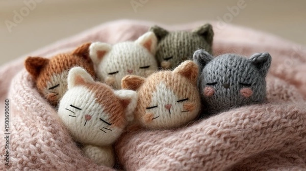 Fototapeta Knitted cats sleep nestled in pink wool, evoking warmth and comfort.  A cozy scene, ideal for relaxation or craft themes