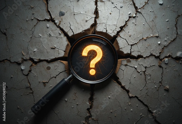 Fototapeta Cracked Surface Revealing Question Mark with Magnifying Glass – Symbol of Breakthrough, Discovery, and Root Cause Analysis
