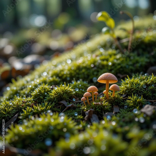 Fototapeta Close-Up of Moss and Tiny Mushrooms on Forest Floor with Morning Dew Glistening in Sunlight and Shallow Depth of Field
