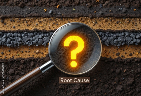 Fototapeta Root Cause Analysis Concept – Cross-Section of Soil Layers with Question Marks and Magnifying Glass Discovering Glowing Core