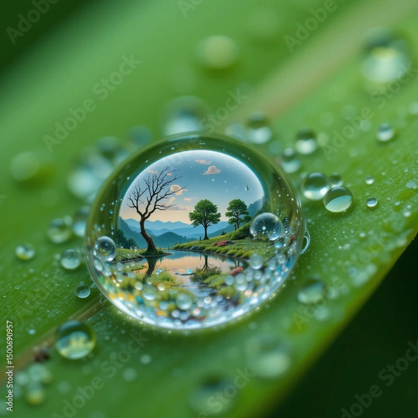 Fototapeta Ultra Sharp Macro Close-Up of Dewdrop on Vibrant Green Leaf Reflecting Miniature Landscape