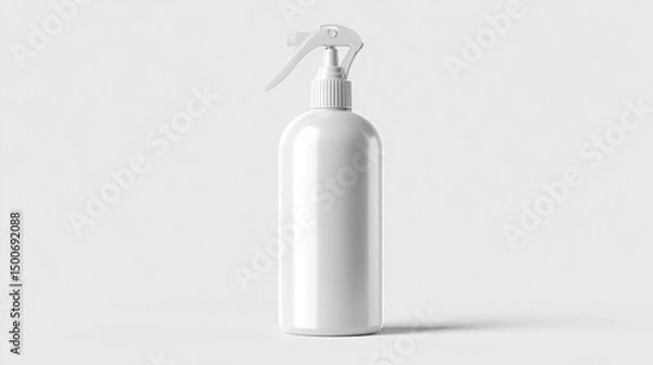 Fototapeta White spray bottle mockup on white background, showcasing clean design, ideal for product presentation or branding, blank space for text or logo