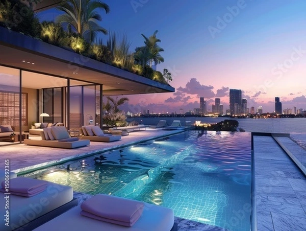 Fototapeta A breathtaking luxury poolside setting overlooking a vibrant cityscape as twilight engulfs the sky, hinting at leisure and opulence