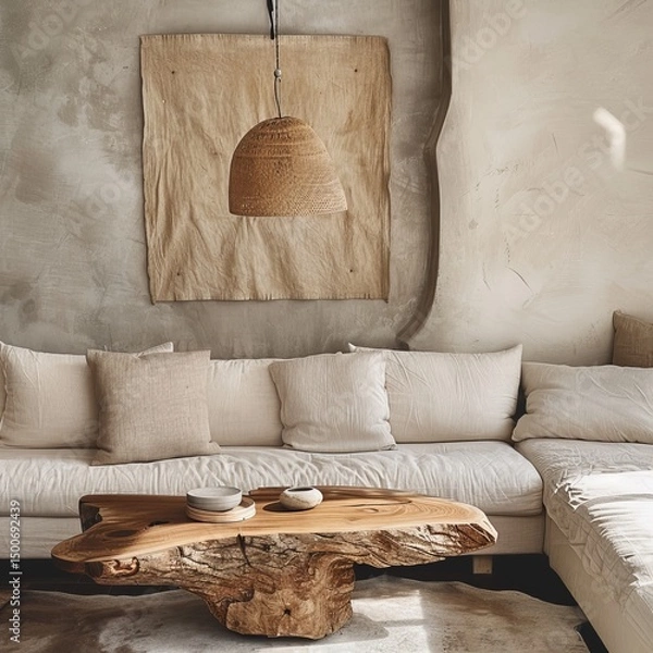 Fototapeta A rustic and serene living space, focusing on a unique wooden coffee table and a woven hanging lamp against a neutral background