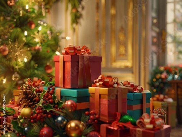 Fototapeta A festive scene with multiple Christmas presents wrapped in colorful papers and tied with ribbons beside a beautifully decorated Christmas tree