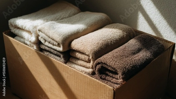 Fototapeta Soft, neutral-toned towels neatly stacked in a cardboard box, illuminated by sunlight, conveying a sense of cleanliness, comfort and relaxation