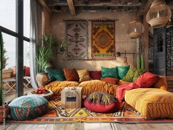 Fototapeta A lively and culturally rich lounge area adorned with colorful textiles, patterns, and a variety of plush seating options