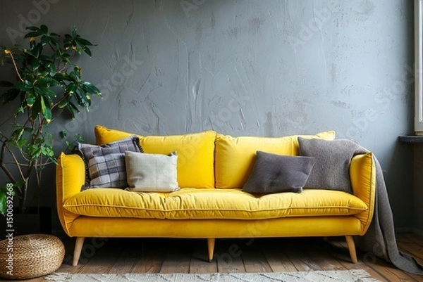Fototapeta A stylish interior featuring a bright yellow couch with mixed patterned cushions and a rustic touch