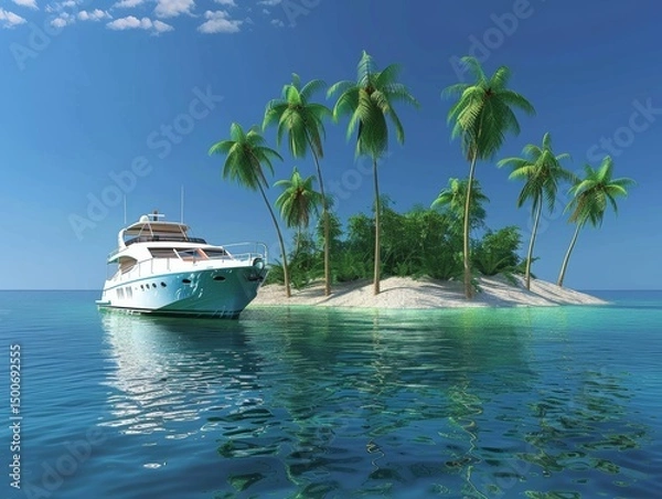 Fototapeta A stunning white boat floats on clear water near an island with lush palm trees under a blue sky
