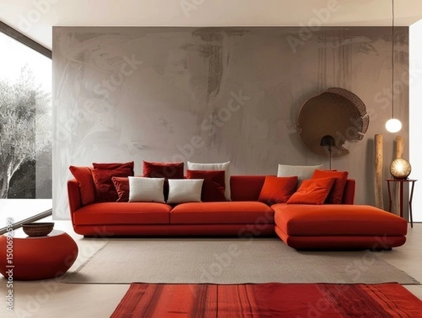 Fototapeta Stylish interior design featuring a striking red sofa set against a textured gray wall, accented by round art piece