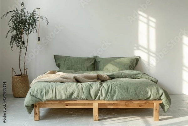 Fototapeta A serene bedroom with natural lighting and soft green linen on a wooden bed, exuding calmness and simplicity The minimalistic approach brings an intimate and comfortable atmosphere, focusing on the p