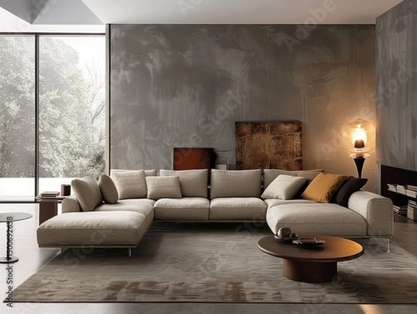 Fototapeta Elegant interior with a beige sofa set in a modern living room with a sophisticated minimalist design
