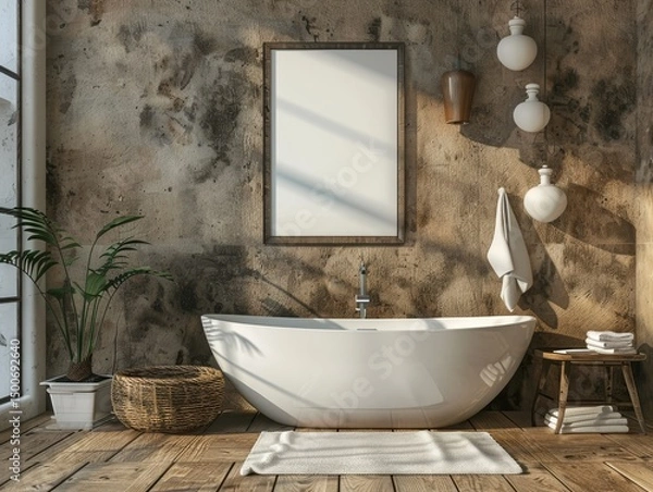 Fototapeta A charming rustic-style bathroom featuring a standalone bathtub against a textured wall, with warm lighting