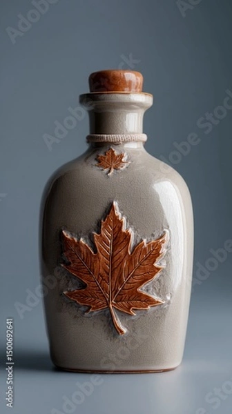 Fototapeta Grey ceramic bottle with brown maple leaf design, showcasing autumnal theme, ideal for seasonal displays or home decor