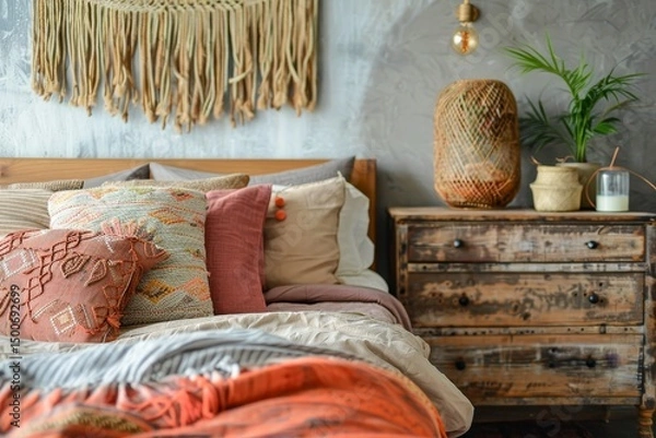 Fototapeta A warm and inviting bedroom featuring a mix of textures and patterns, with woven wall art, wooden furniture, and decorative pillows showcasing bohemian chic