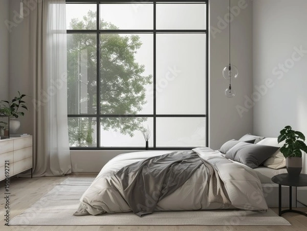 Fototapeta A serene modern bedroom showcasing a large window with a view of greenery, paired with neutral colors for a calm and peaceful atmosphere