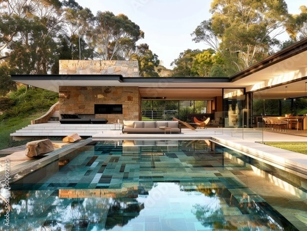 Fototapeta A breathtaking view of a luxurious modern house with vast glass windows opening up to an infinity pool nestled in nature, signifying opulence and harmony with the environment