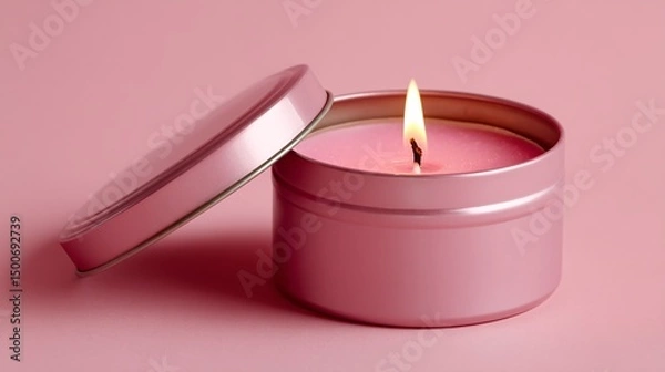 Fototapeta Pink candle in metallic tin, lid ajar, on pink background.  Symbolizes relaxation, tranquility, and ambiance. Perfect for spa or wellness branding