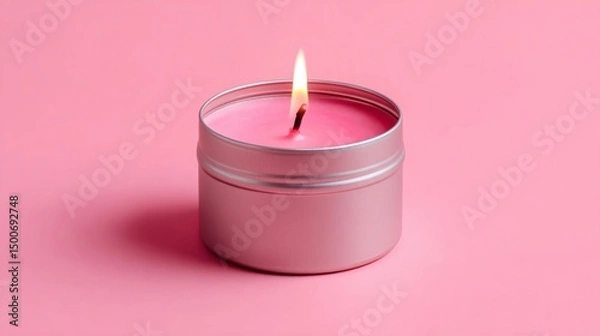 Fototapeta Pink candle in silver tin, burning brightly against pink background, symbolizes relaxation, calmness, and serenity, ideal for spa or wellness concepts