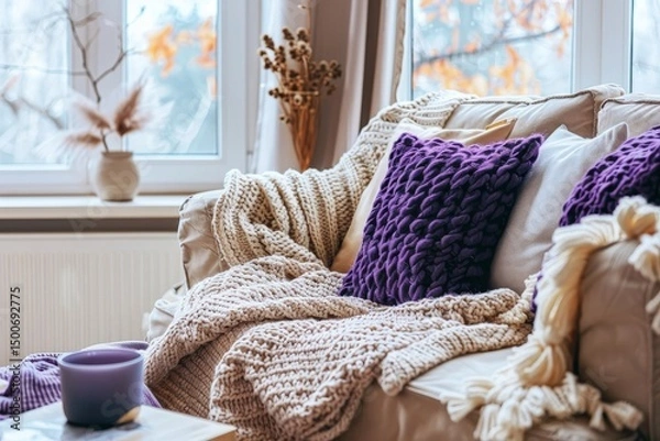 Fototapeta A warm inviting nook with a focus on knitted blankets and pillows showcasing comfort and handicraft