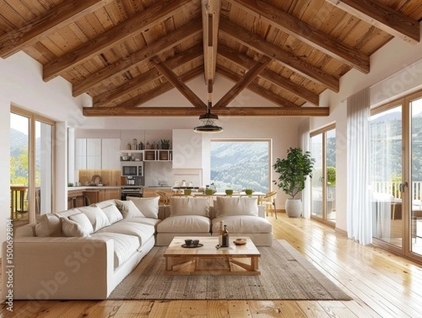 Fototapeta A capacious and well-lit living room boasting a comfortable seating arrangement, wooden ceiling, leading to a scenic view of mountains through large glass windows