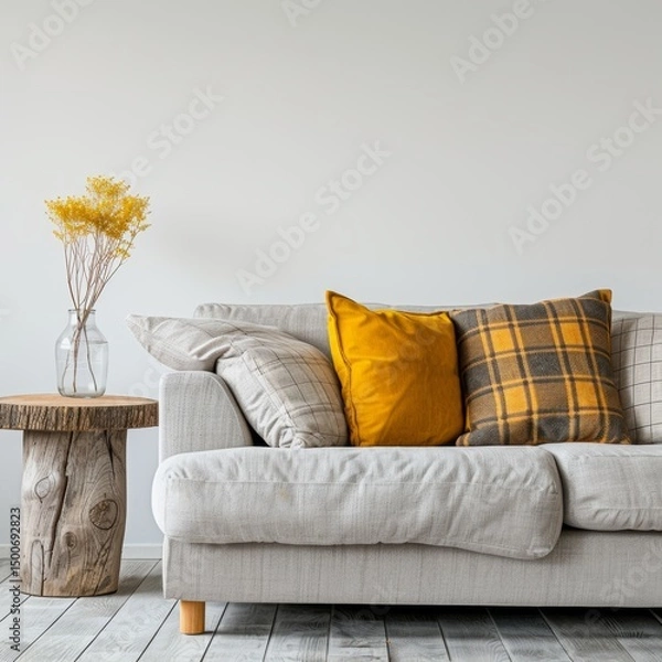 Fototapeta A comfortable, minimalist living room featuring a cozy sofa and soft, neutral tones for a serene ambiance