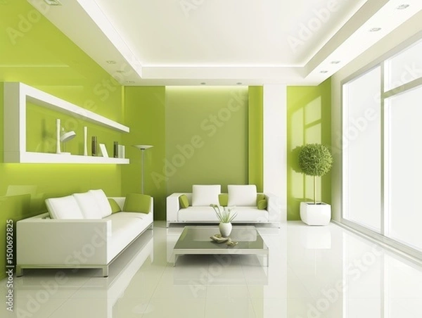 Fototapeta A modern and spacious lounge area with a bright green and white color scheme, embodying freshness and energy