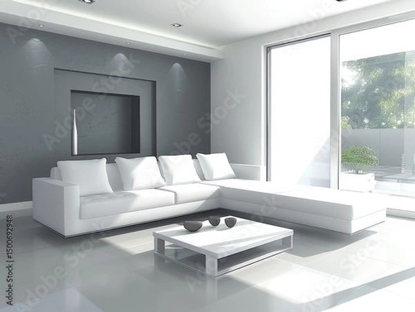 Fototapeta A stylish and contemporary living room featuring a modern white sofa set, large windows providing natural light, and minimal decor