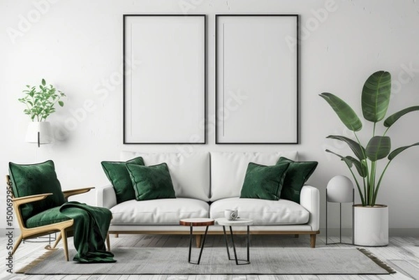 Fototapeta A fresh and modern living area with twin framed posters, plush green chairs, and lively indoor plants enhancing the space