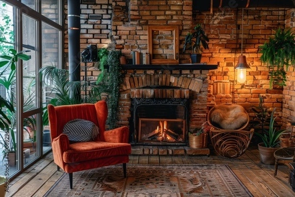 Fototapeta A warm, comfy interior with a vibrant red armchair, a lit fireplace, and abundant greenery against rustic brick walls